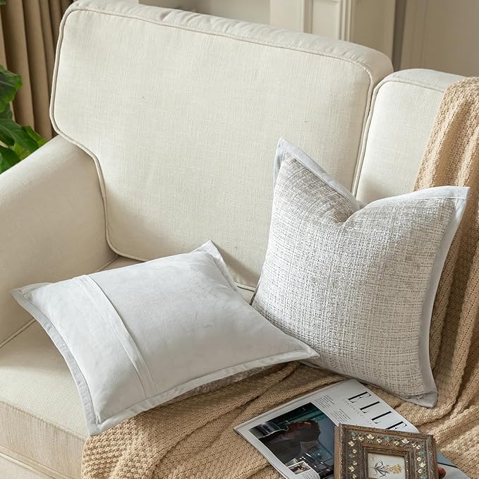 Yaertun Pack of 2 Chenille Textured Decorative Throw Pillow Covers Accent Solid Cushion Cover Soft Cozy Pillow Case with Velvet Back for Couch Sofa Bed Living Room 18x18 Inch Pearl Grey