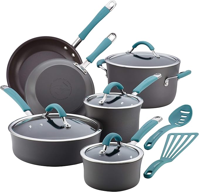 Rachael Ray Cucina Hard Anodized Nonstick Cookware Pots and Pans Set, 12 Piece, Gray & Cucina Nylon Nonstick Utensils/Fish Turner, Spatula, Solid and Slotted Spoons, 4 Piece, Agave Blue