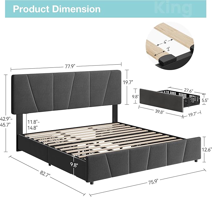 GarveeHome King Size Bed Frame with Adjustable Headboard and 4 Storage Drawers, Velvet Upholstered Tufted King Platform Bed Frames with Wooden Slats Support, King Bedframe No Box Spring Needed, Grey