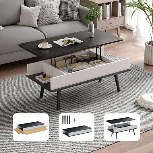 Lift Top Coffee Table, One Minute No Assembly Required Rising Tabletop Center Table with Large Hidden Storage Compartment, Open Shelf, Anti-Pinch Design Mute for Living Room (Black)