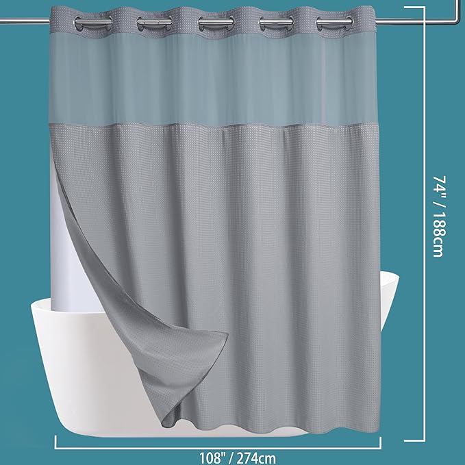 Conbo Mio Extra Wide No Hook Waffle Weave Shower Curtain with Snap in Liner Set, 108" x 74" Hotel Luxury Grey Shower Curtains for Bathroom with See Through Top Window, Waterproof, Washable 108W x 74H