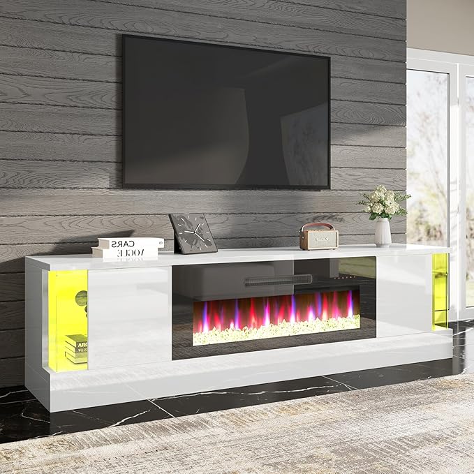 AMERLIFE High Gloss Fireplace TV Stand with 36" Fireplace, 70" LED Lights Entertainment Center with Flip Doors & Corner Glass Decor, Modern Console Table for TVs up to 80", Living Room, White