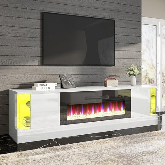 AMERLIFE High Gloss Fireplace TV Stand with 36" Fireplace, 70" LED Lights Entertainment Center with Flip Doors & Corner Glass Decor, Modern Console Table for TVs up to 80", Living Room, White