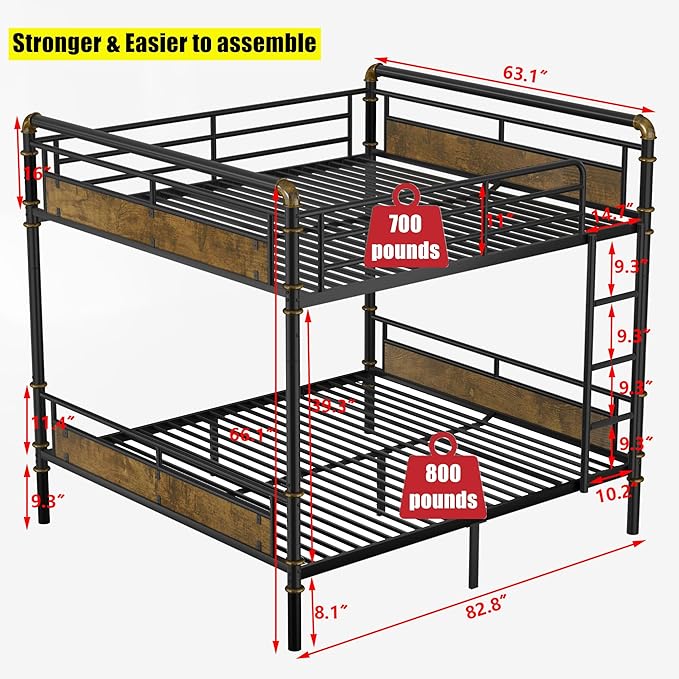 ULUCAN Reinforced Version & Stronger Convertible Steel Queen Over Queen Size Bunk Bed Frame, Heavy Duty Thickened Safer More Stable Metal Bunkbeds (Queen Over Queen)