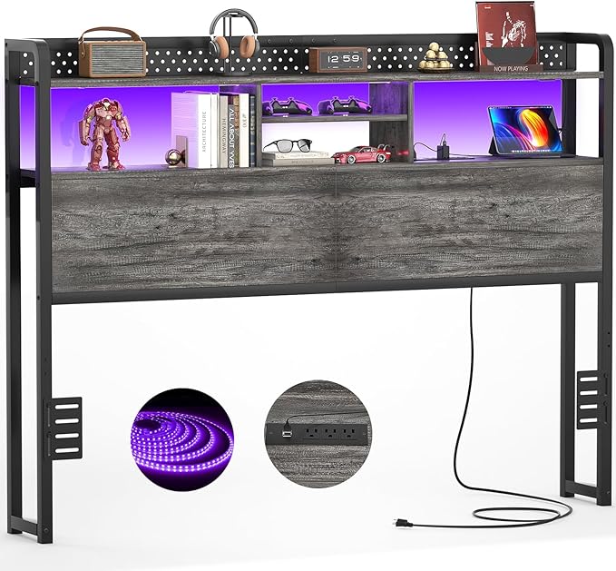 Unikito Headboard for Queen Size Bed with Storage Shelf, Head Board with 3 Outlets and 2 USB Ports, Headboards with RGB LED Light, Height Adjustable, Sturdy and Stable, Easy Assembly, Black Oak