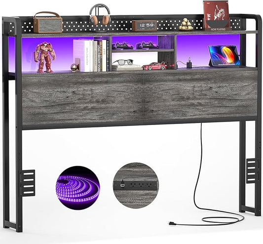 Unikito Headboard for Queen Size Bed with Storage Shelf, Head Board with 3 Outlets and 2 USB Ports, Headboards with RGB LED Light, Height Adjustable, Sturdy and Stable, Easy Assembly, Black Oak