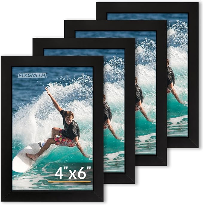 FIXSMITH 4x6 Picture Frame Set of 4, 4x6 Photo Frames with HD Plexiglass for Wall Hanging or Tabletop Display, Black