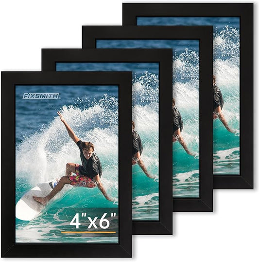 FIXSMITH 4x6 Picture Frame Set of 4, 4x6 Photo Frames with HD Plexiglass for Wall Hanging or Tabletop Display, Black