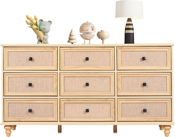 ORRD 9 Drawer Dresser for Bedroom, Mid Century Modern Wide Wood Rustic Chest of Drawers Wooden Storage Organizer Dressers with Burlap Rattan Drawers for Living Room, Hallway Closet, Entryway, Natural