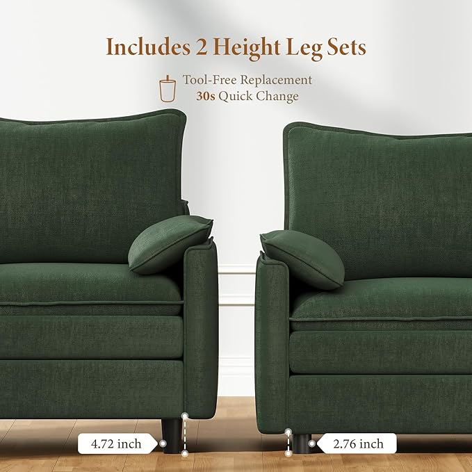 Vesgantti 74" Loveseat Sofa for Living Room, Comfy Cloud Couch Deep Seat Chenille Modern 2 Seater Small Sofa with Armrest Pillow, Easy Assembly for Small Spaces, Green