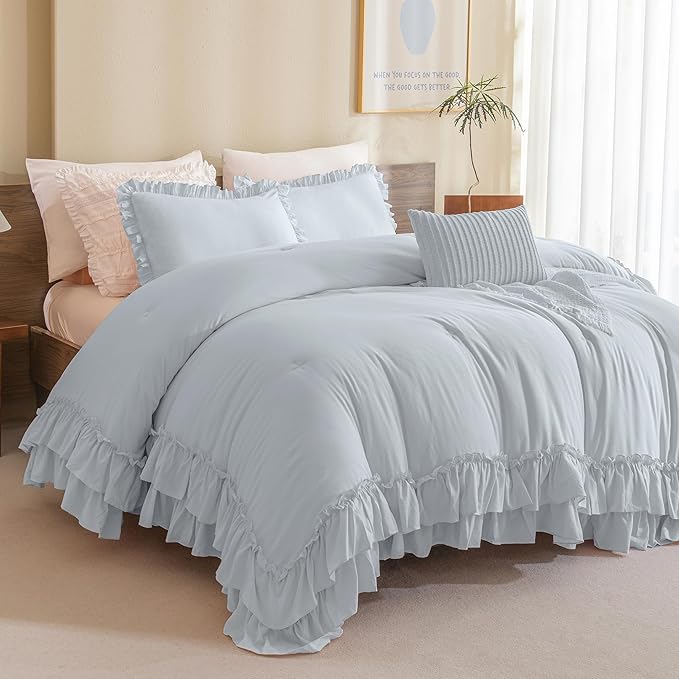 Queen's House Light Blue Farmhouse Ruffled King Size Comforter Set,Lightweight Microfiber Inner Fill Fluffy Boho Chic Bedding Comforter,Ultra Soft Microfiber Inner Fill Bedding