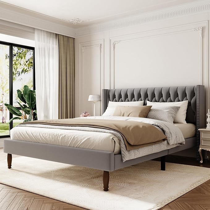 King Size Velvet Upholstered Bed Frame, 49.2" Tall Wingback Headboard, Deep Button Tufted, No Box Spring Needed, Solid Wood Legs, Grey