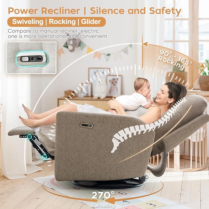Power Nursery Rocking Chairs, 270° Oversized Swivel Rocker Recliner w/USB & Type-C Charging Port, Rotating Rocking Reclining Nursing Chair for Breastfeeding, Living Room,Bedroom,Brown