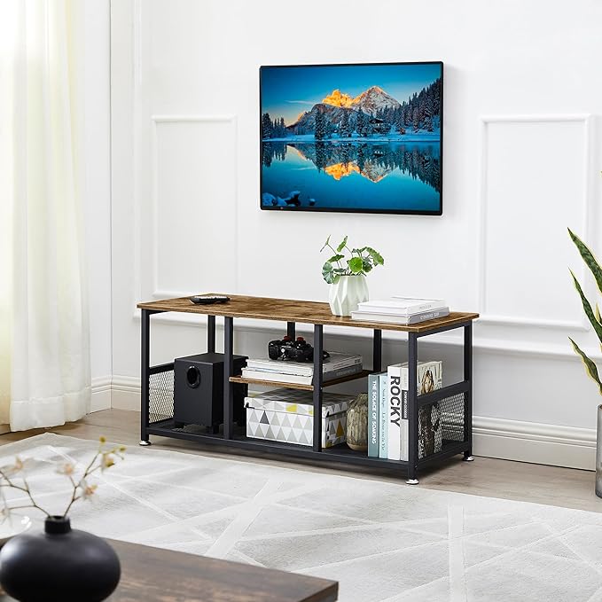 VECELO TV Stand Up to 50 Inches, 39 Inch Industrial Entertainment Center Media Console with Open Storage Shelves, Wooden Coffee Table with Metal Frame, Brown