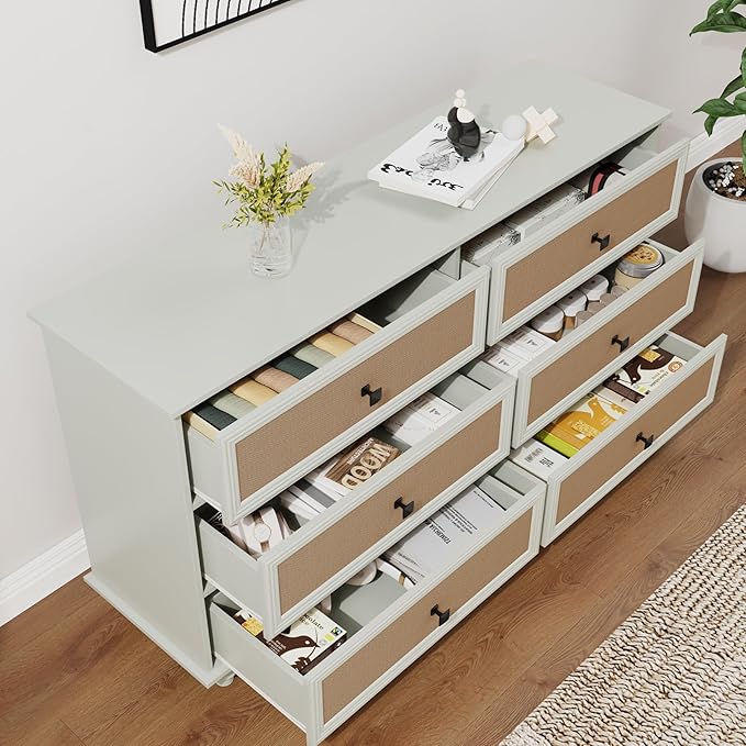 6 Drawer Dresser for Bedroom, Mid Century Modern Wide Wood Rustic Chest of Drawers Wooden Storage Organizer Dressers with Burlap Rattan Drawers for Living Room, Hallway Closet, Entryway, Beige White