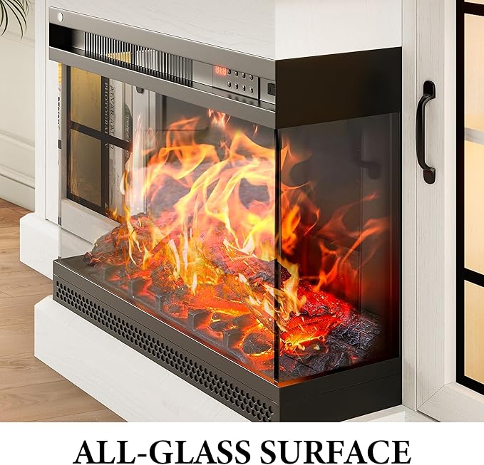 MXV 59'' Fireplace TV Stand, Farmhouse Entertainment Center with 3 Sided Glass TV Stand, Modern Media Console Table with Storage Drawers & Cabinets with LED Flame and Lights for Living Room, White