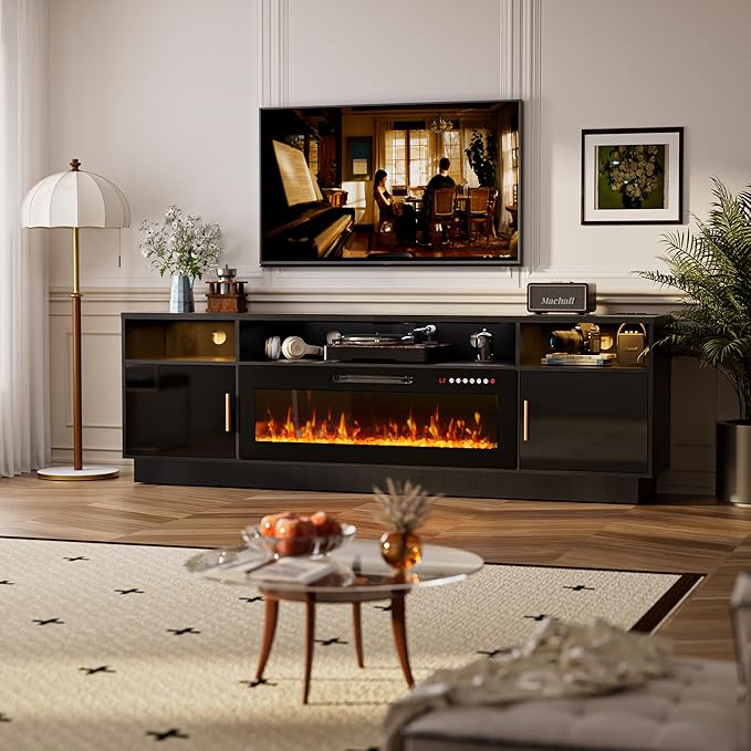 Ludatido 80 Inch Premium TV Stand with 36 inch Electric Fireplace 27 Inch high LED Light Entertainment Center Easy to Assemble for TVs Up to 90'' with USB&AC Power Interface White