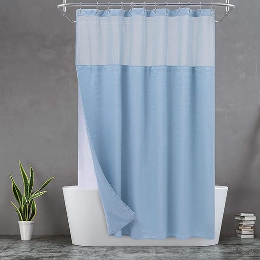 N&Y HOME Extra Long Waffle Weave Shower Curtain with Snap-in Fabric Liner & Hooks Set - 71" x 84", Hotel Style & Mesh Top Window, Machine Washable to Easy Clean - 71x84 Inches, Blue
