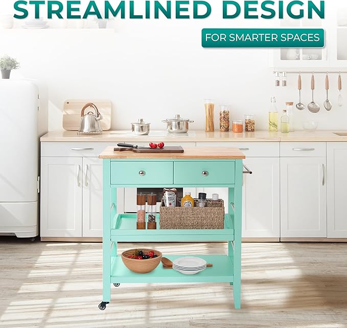 Rolling Kitchen Island Cart, Teal Kitchen Cart with Rubberwood Top, Ample Storage Drawers, Adjustable Shelves, Utility Cart with Wheels for Small Kitchens, 35” Height