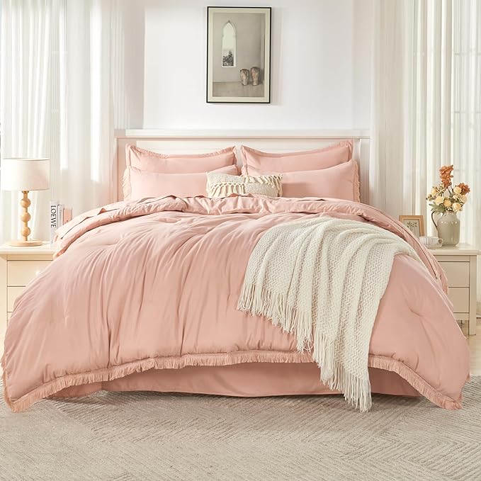Andency Pink Full Size Comforter Set with Sheets - 7 Pieces Boho Tassel Bed in a Bag Soft Lightweight Bedding Sets, Pink Fringe Bed Set with Comforter, Sheets, Pillowcases & Shams
