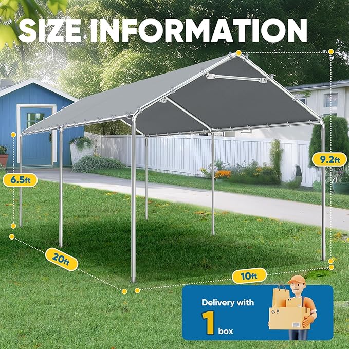 Quictent 10x20 ft Heavy Duty Carport Canopy Galvanized Car Tent Outdoor Garage Boat Shelter with Reinforced Structure, No Sidewall - Gray