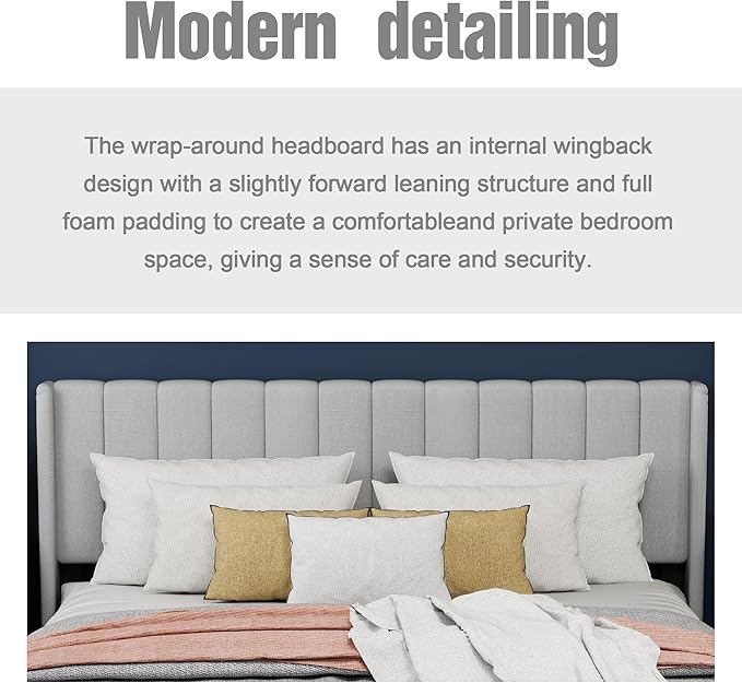 Upholstered Platform Twin Size Bed Frame with Headboard Wooden Slats Support No Noise Easy Assembly Light Grey Linen