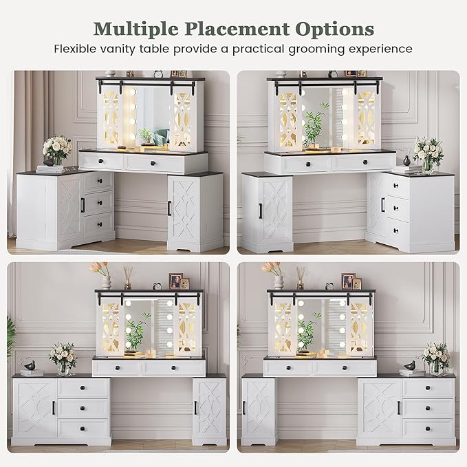 Farmhouse Makeup Vanity with Mirror & Lights, Large Vanity Desk with 5 Drawers & 9 Storage Shelves, Dressing Table with Jewelry Armoire, Vanity Gifts for Wife Girlfriends Women Lady Girl, White