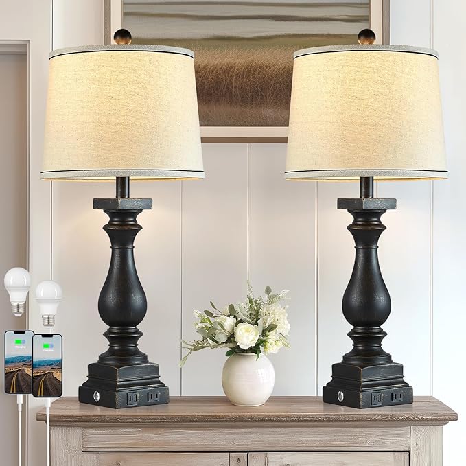 28" Tall Farmhouse Table Lamps with USB C+A Ports and AC Outlet, 3 Way Touch Control Rustic Bedside Lamps for Bedroom, Black Vintage Nightstand Lamps for Living Room Office