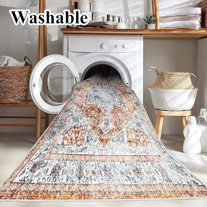 Area Rug 6x9 Washable Rug Tangerine Vintage Traditional Floor Cover Thin Retro Kitchen Indoor Distressed Non Slip Carpet Floral Print Mat Living Room Bedroom Dining Room