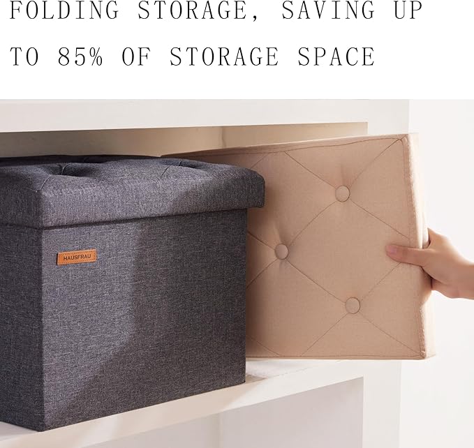 HAUSFRAU Storage Ottoman Foot Rest Stool, Small Folding Ottoman with Storage, Tufted Square Cube Footrest, Faux Leather Retro Brown