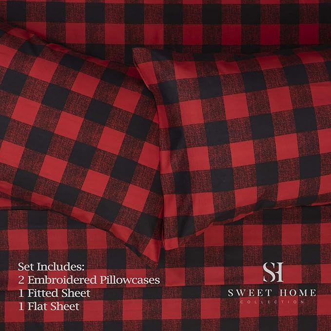 1500 Supreme Collection Buffalo Print Sheet Set, Full Size - Luxury Bed Sheets Set with Deep Pocket Wrinkle Free Bedding, Full, Burgundy/Black Buffalo Print