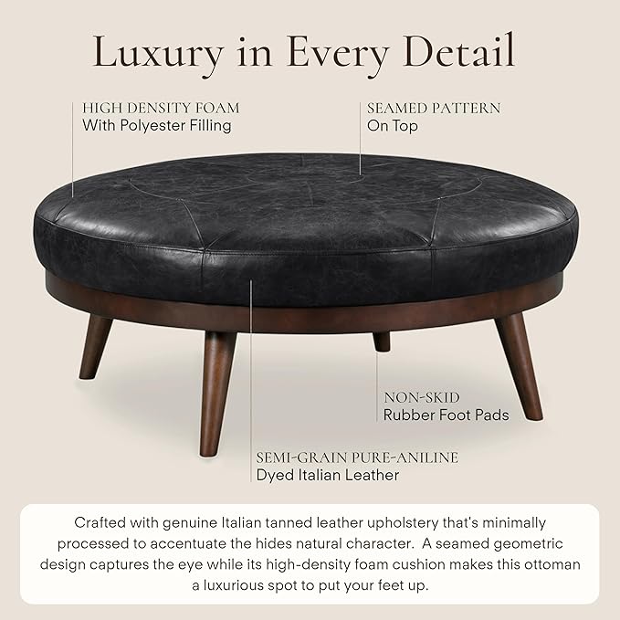 Poly & Bark Gio Ottoman – 30” Round with Feather-Down Topper – Full-Grain Leather Upholstery – Couch Ottoman for Living Room – Italian Leather in Onyx Black