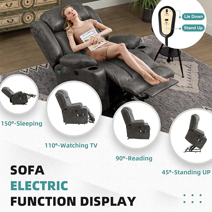 MEETWARM Large Power Lift Electric Recliner Chair with Extended Footrest for Big Tall Man, Overstuffed Wide Recliner with Massage and Heat, 2 Remote Controls/USB Ports/4 Side Pockets(Grey)