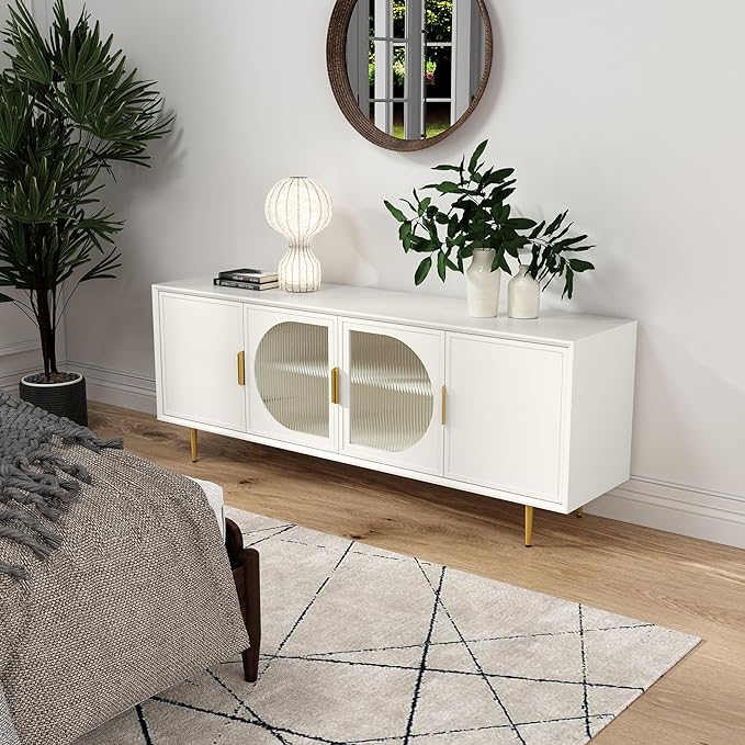 ARTPOWER Modern TV Stand for TVs up to 70+ inch, Glass Door Television Console Table with Gold Leg, Entertainment Center with Storage Cabinet, Wood Media Furniture for Bedroom, Living Room, White