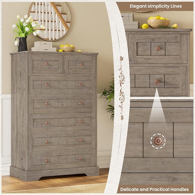 Hasuit Farmhouse Dresser for Bedroom, 7 Drawers Dresser, 51.4"Tall Dressers Chest of Drawers with Hand Carved Panel, Large Wood Closet Storage Organizer Rustic Dressers for Bedroom Living Room Hallway