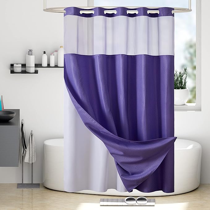 Furlinic Extra Long No Hook Waffle Weave Shower Curtain with Snap in Fabric Liner Set,Heavy Duty Textured Bathroom Curtains with See Through Window,Waterproof & Machine Washable,Purple,71x96 Inch