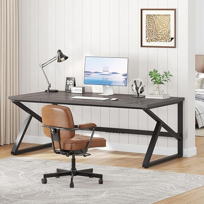 IBF Long Desks for Home Office, Large Metal Wooden Computer Desk for 2 Monitors, 70 Inch Two Person Desk for Executive Work Writing Study Gaming, Industrial Modern Big Double Desk, Dark Gray Oak