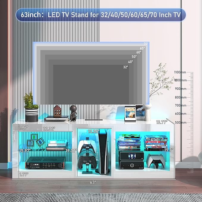 Vinctik 6&Fox LED TV Stands w/Power Outlet,60,00-Colors Lighting for 65 70in TV, 63" Modern High Gloss Entertainment Center,TV Console W/Adjustable Glass Shelves for Living Room Game Bedroom (White)