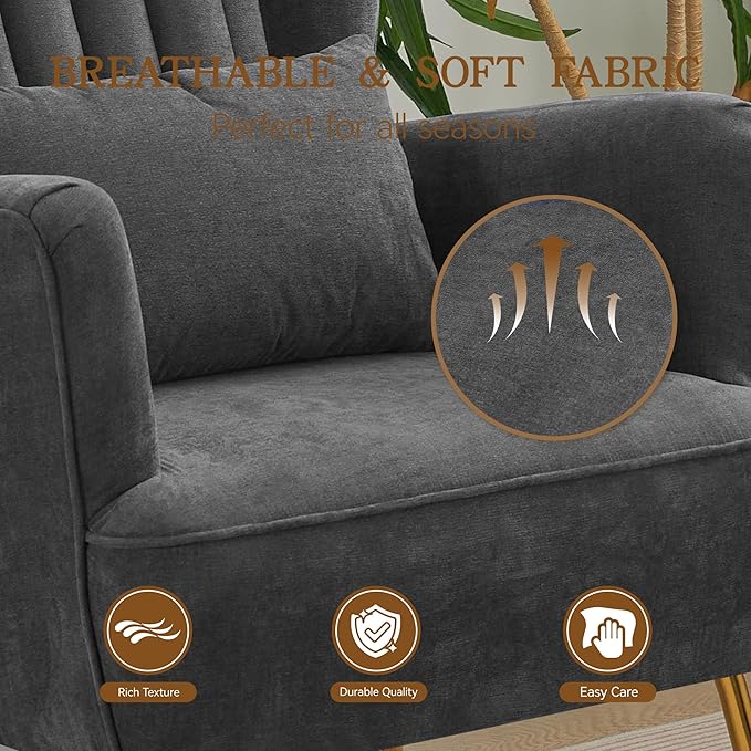 Fabric Accent Living Room Arm Chair Set of 2 Mid Century Modern Chairs with Pillow & Golden Legs, 8.5" Thick Cushion, Upholstered Comfy Sofa Armchair for Reading Room/Bedroom, Grey