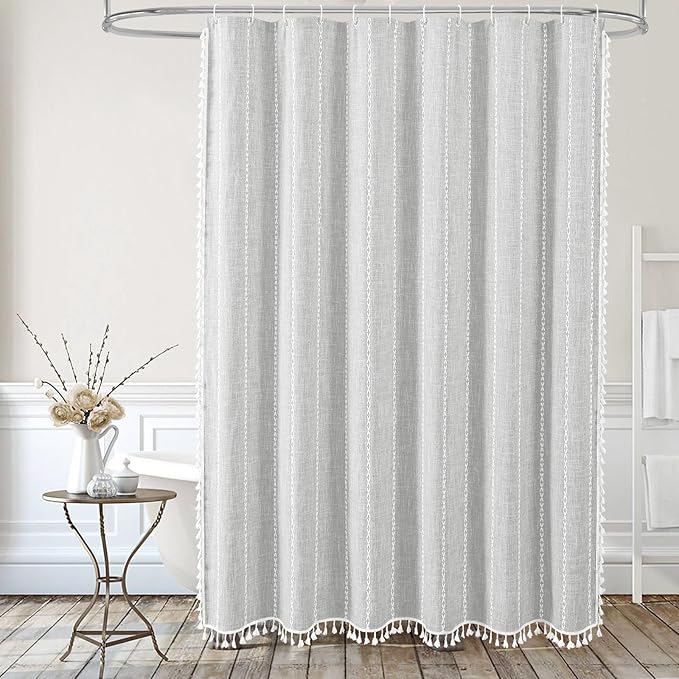 MitoVilla Boho Farmhouse Shower Curtains for Modern Farmhouse Bathroom Decor, Grey Country Thick Polyester Linen Fabric Shower Curtain, Rustic Tassel Cloth Shower Curtain, 72 x 72, Light Grey