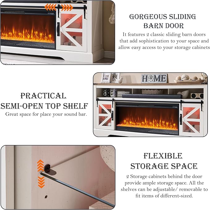 OKD Fireplace TV Stand for 85" TV, 33" Tall Highboy Farmhouse Entertainment Center w/ 42'' Electric Fireplace & LED Light, Rustic Media Console w/Sliding Barn Door for Living Room, Antique White