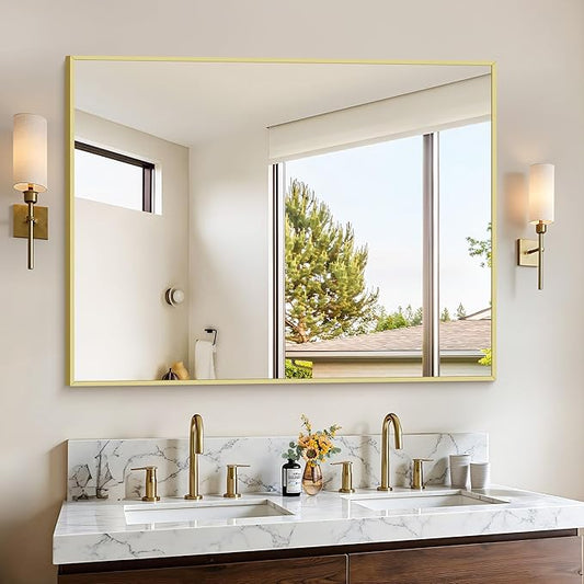 KOCUUY Gold Bathroom Mirror, 48"x36" Large Rectangular Mirror with Metal Frame, Gold Vanity Mirror with Modern Design for Bathroom, Living Room, Farmhouse, Entryway, Hang Horizontal/Vertical