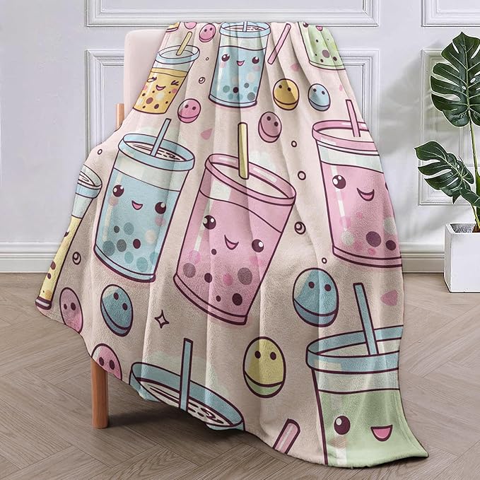 Cute Anime for Boba Cups Blanket Gifts for Women Girls Adults Kids Soft Warm Lightweight Cozy Bubble Tea Throw Blankets for Bed Sofa Couch Living Room Decor 50x60in