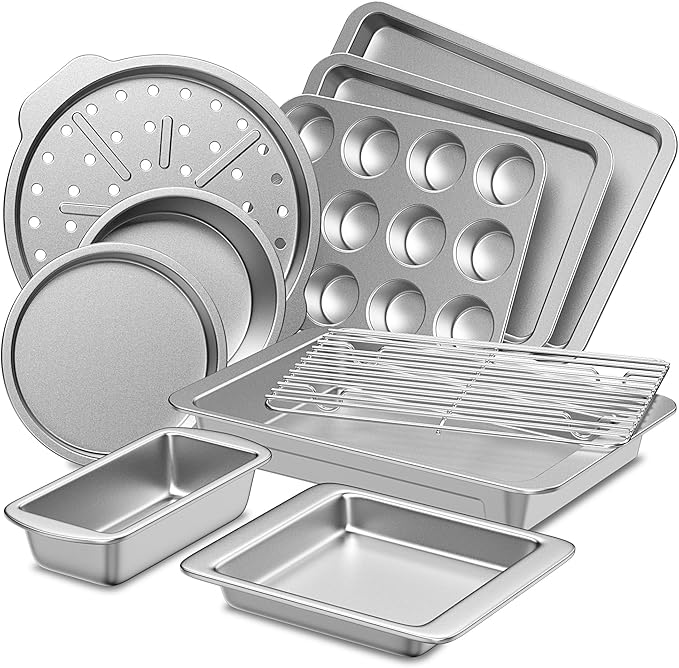 HONGBAKE Bakeware Sets, Baking Pans Set, Nonstick Oven Pan for Kitchen with Wider Grips, 10-Piece Including Rack, Cookie Sheet, Cake Pans, Loaf Pan, Muffin Pan, Pizza Pan - Sliver