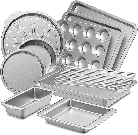 HONGBAKE Bakeware Sets, Baking Pans Set, Nonstick Oven Pan for Kitchen with Wider Grips, 10-Piece Including Rack, Cookie Sheet, Cake Pans, Loaf Pan, Muffin Pan, Pizza Pan - Sliver
