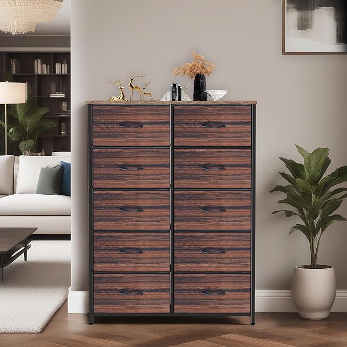 Dresser for Bedroom with 10 Drawers, Chest of Drawers, Storage Drawers Organizer Unit, Grey Wide Fabric Dresser with Fabric Bins for Closet, Living Room, Entryway (Brown and Rustic Brown)