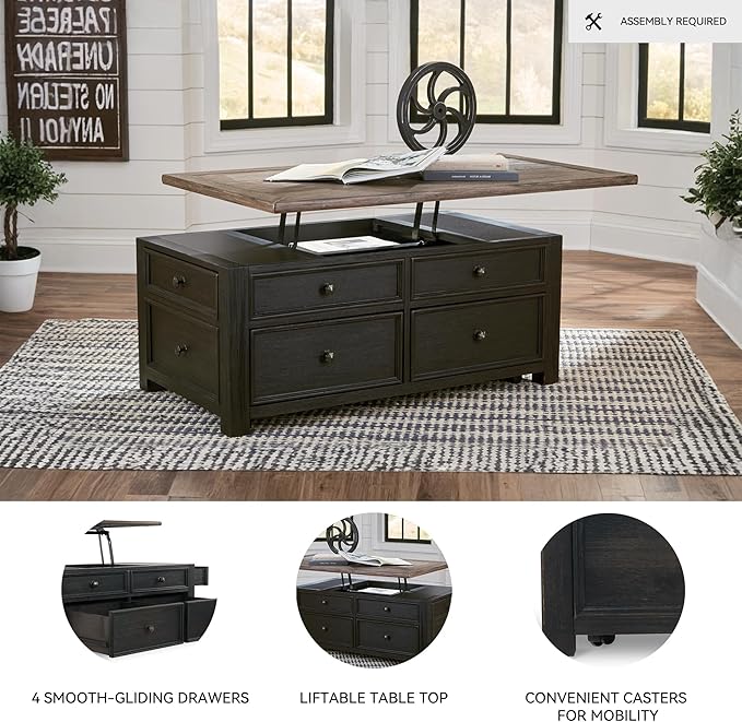 Signature Design by Ashley Tyler Creek Rustic Farmhouse Lift Top Coffee Table with Drawers, Brown & Black