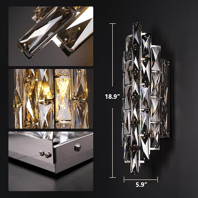 Crystal Modern Wall Sconces, Smoky Gray Wall Light Fixture for Luxury Indoor, K9 Vanity Wall Lighting for Bedside Bedroom Bathroom Living Room Doorway