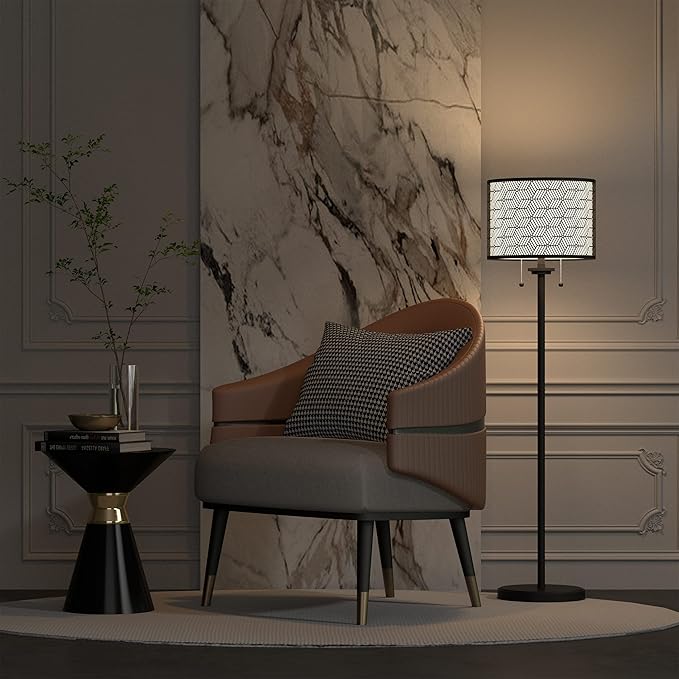 Inlight 59" High Double Shade Pull Chain Modern Floor Lamp for Living Room, Black Metal Frame and White Fabric Shade, Bulb Not Included, IN-0857-2-BK