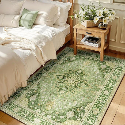 Area Rugs 3'x5' Washable Non-Slip, Floral Vintage Distress Print Pattern Medallion Carpet for Living Room Bedroom Dining Room, Sage Green Yellow
